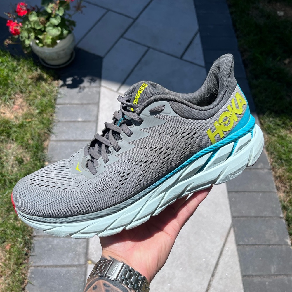 Hoka Gray and Blue Athletic Shoes with Cushioned Sole